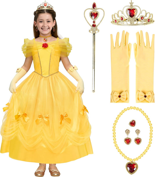 Halloween Kids Yellow Princess Costume, Princess Corwn Dress up for Girl Toddler Halloween, Birthday