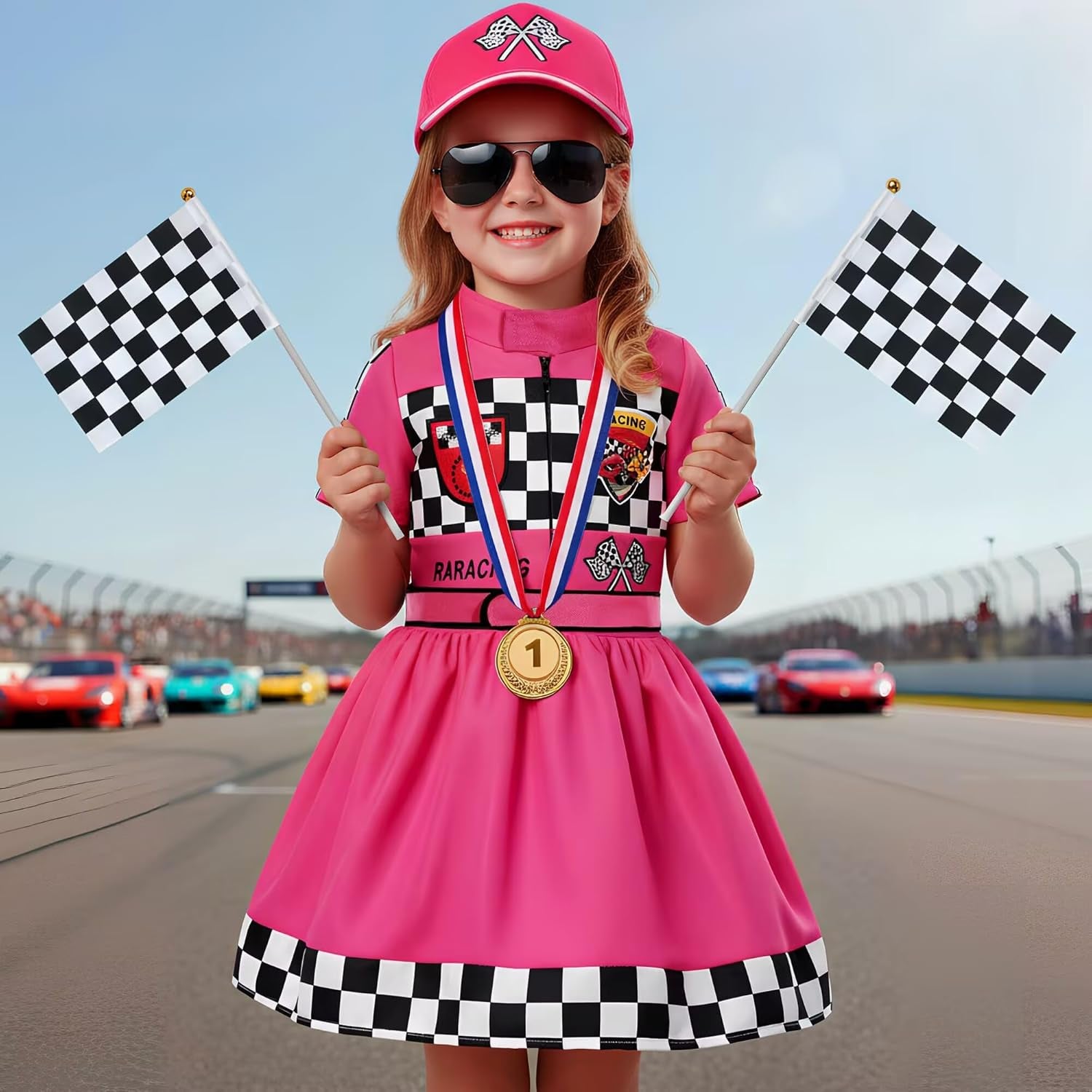 Girls Race Car Driver Costume Racer Dress Costume for Girls Halloween Racer Cosplay Dress Up